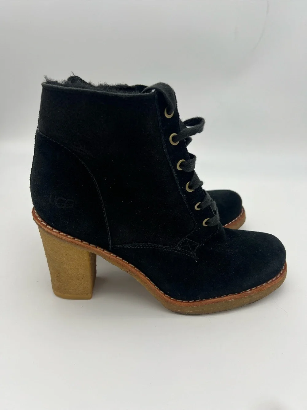UGG Sofia black suede leather lace up boots chunky heel sheepskin women’s size 8